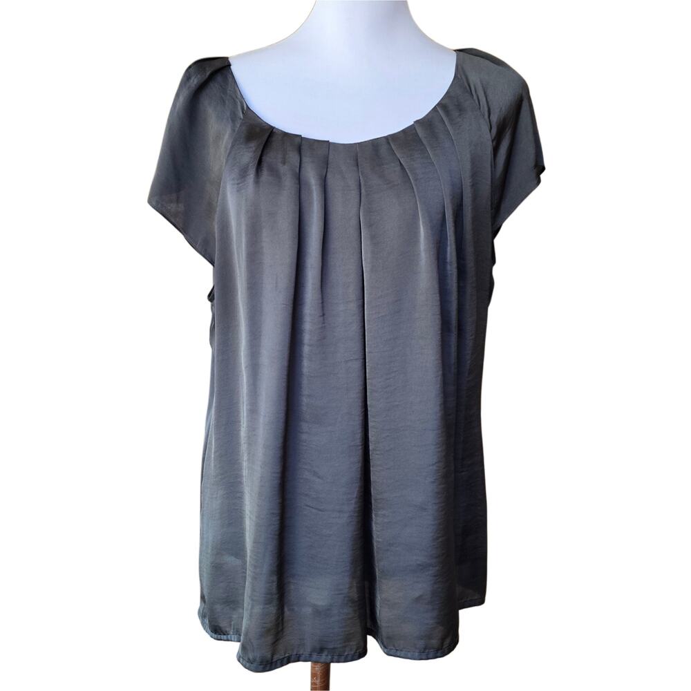 XL Gray Top Violet & Claire Semi Sheer Pleats Front Dressy Work Career Blouse